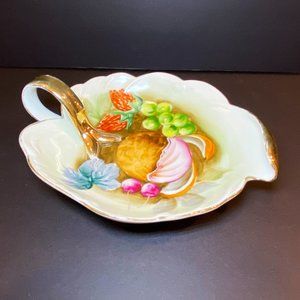 Vintage Porcelain Dish Fruit Transfer Gold Tone Handle